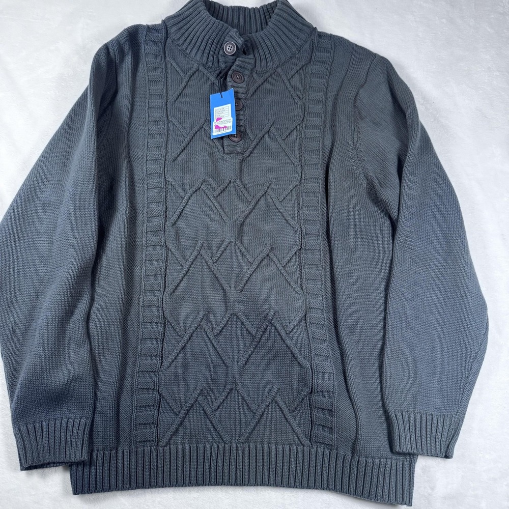 Gioberti Sweater Mens Medium Charcoal 3 Button Mock Neck Cable Knit‎ Pullover